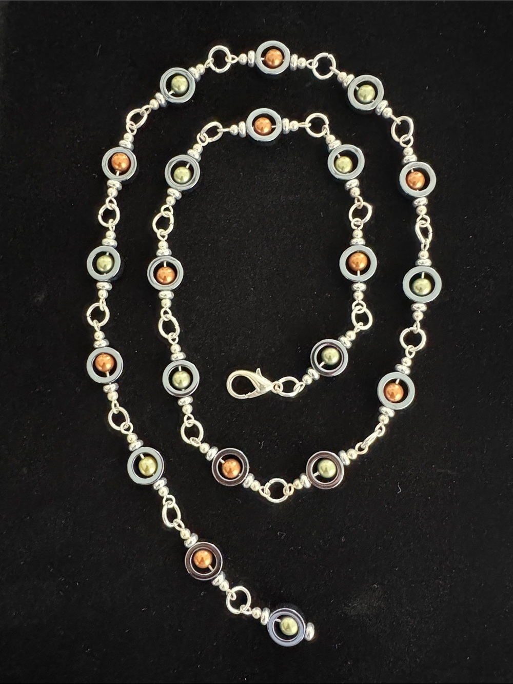 Silver-Tone Beaded Station Necklace with Green and Copper Faux Pearl Accents